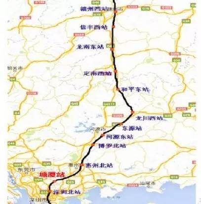 线路从赣州西站引出,经赣州市南康区,信丰县,全南县,龙南县,定