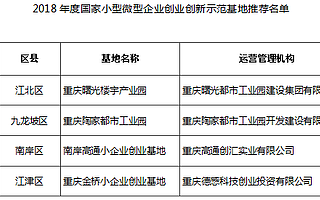 重庆市推荐2018年度国家小型微企业创业创新示范基地的公示