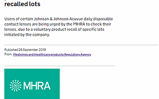 強(qiáng)生召回特定批次日拋隱形眼鏡:或含有顆粒物 擦傷角膜