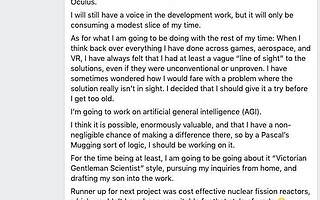 传奇工程师卡马克投身通用 AI 研究，不再担任 Oculus CTO