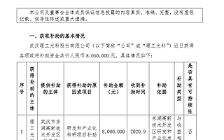 理工光科收政府補助805萬元
