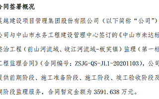 晨越建管簽訂中山市水體整治工程監(jiān)理合同 總金額3592萬元