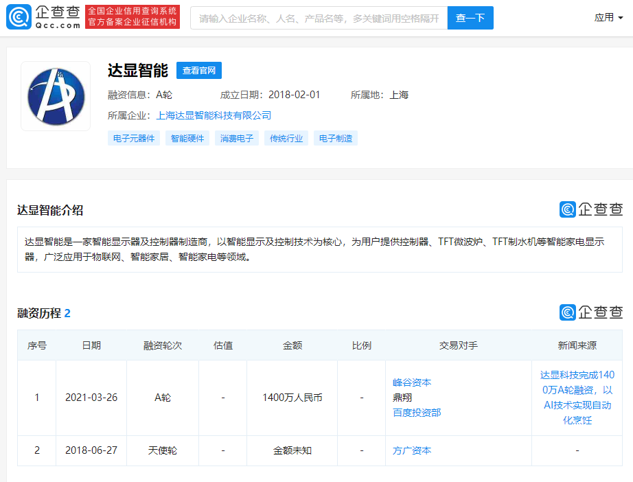 智能显示器制造商达显智能获1400万元A轮融资，百度风投领投