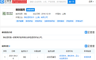 “雅創(chuàng)醫(yī)藥”完成B輪融資，其為聚焦肝臟疾病創(chuàng)新型醫(yī)藥研發(fā)公司