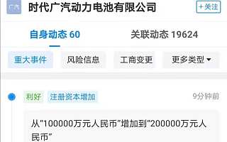 宁德时代、广汽集团合资公司注册资本增至20亿，增幅100%