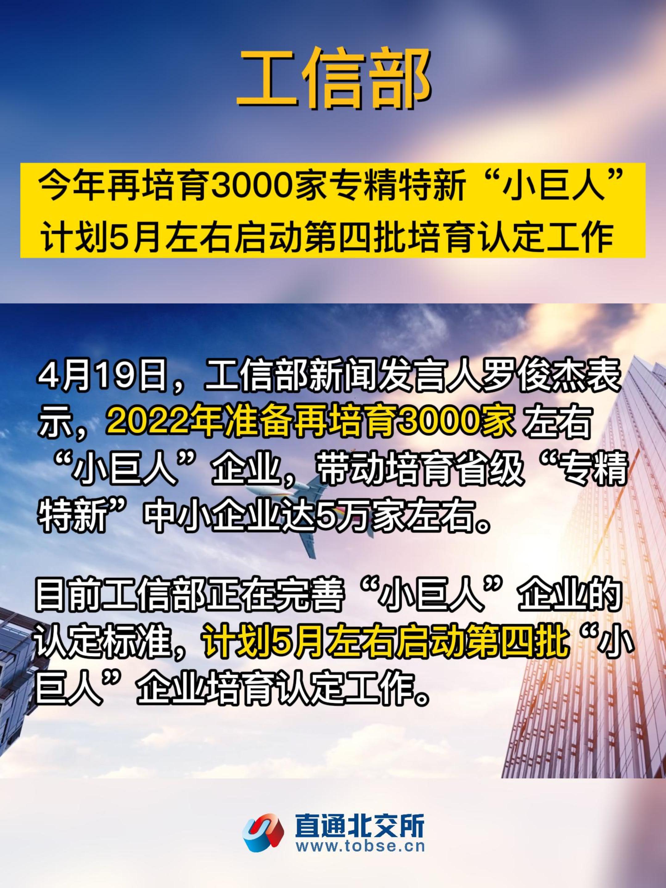 工信部今年再培育3000家专精特新“小巨人”　计划5月左右启动第四批培育认定工作