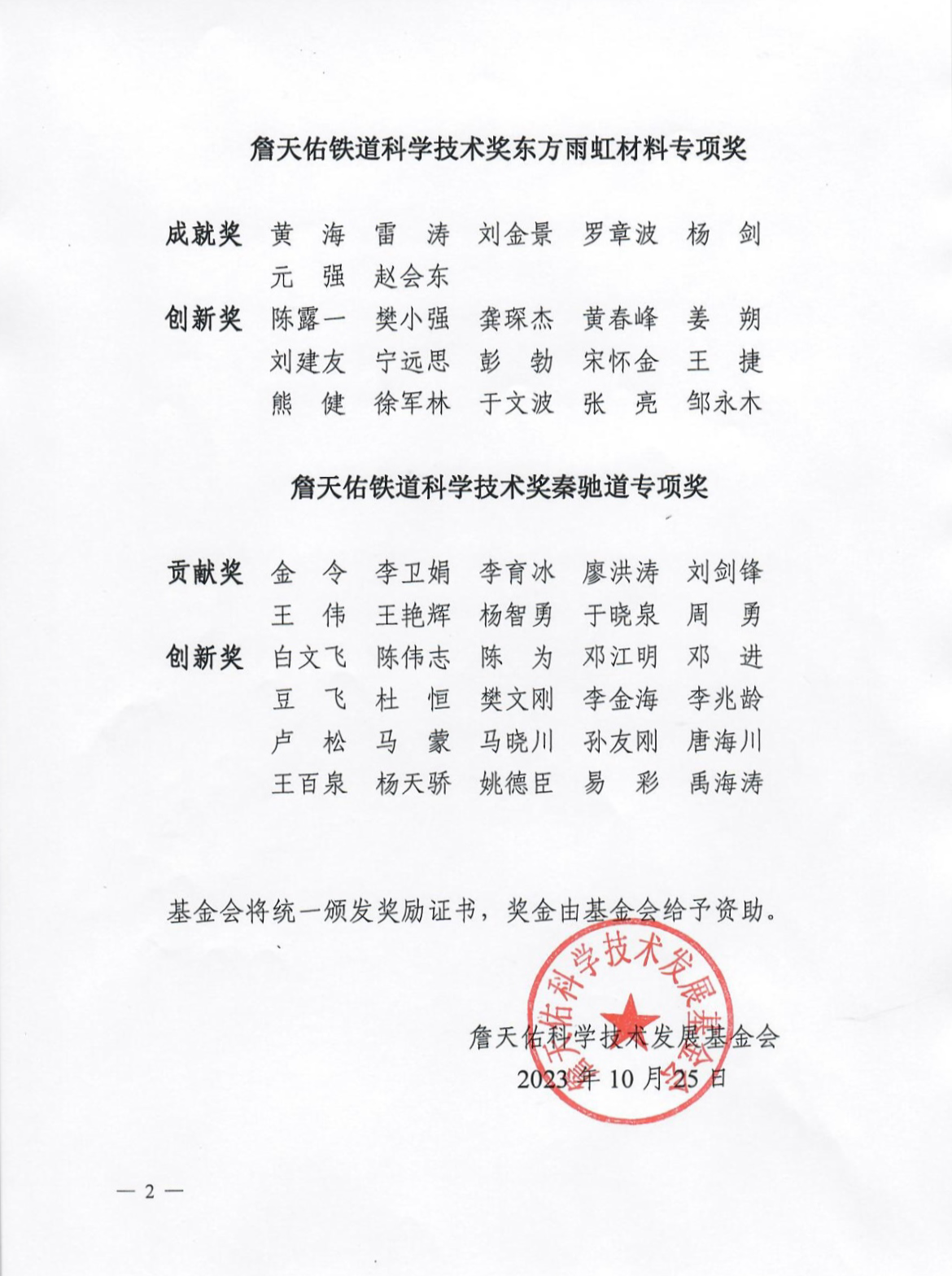 附:2022年度詹天佑铁道科学技术奖东方雨虹材料专项奖获奖名单大会