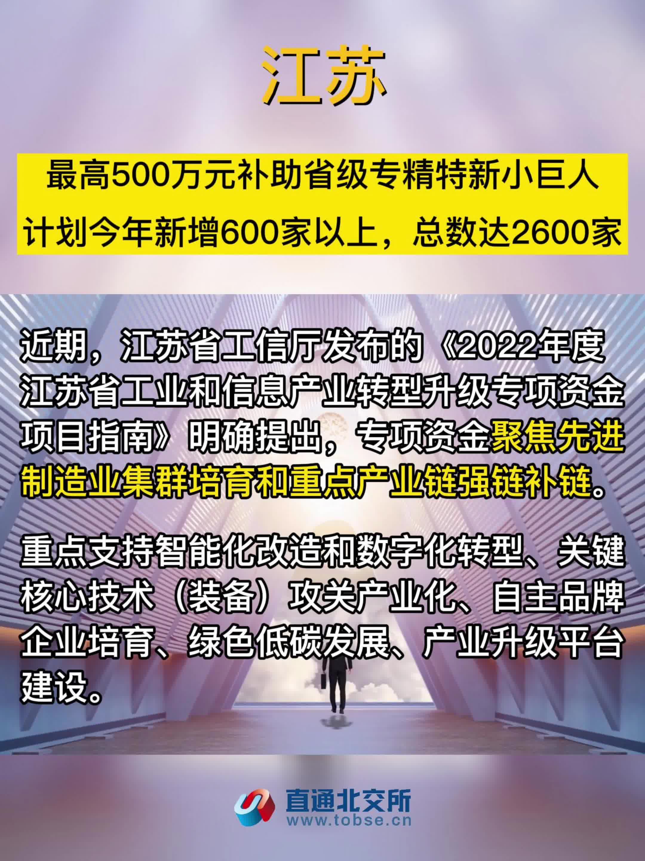 江苏最高500万元补助省级专精特新小巨人，计划今年新增600家以上，总数达2600家