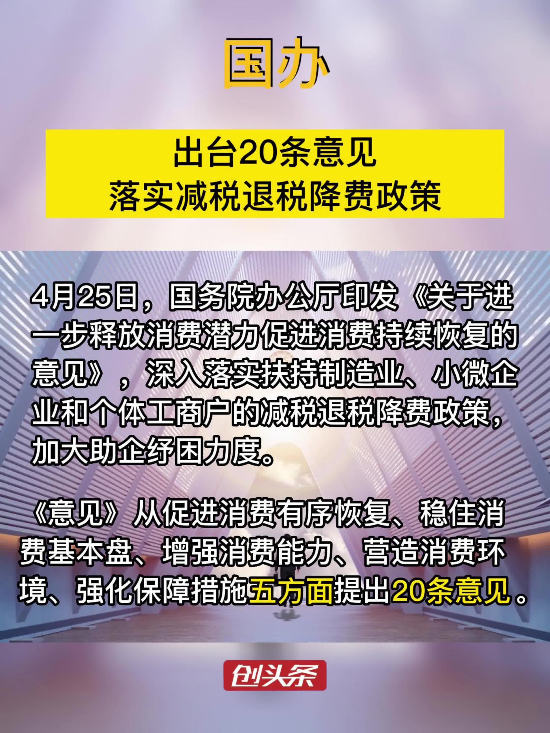 国办出台20条意见落实减税退税降费政策